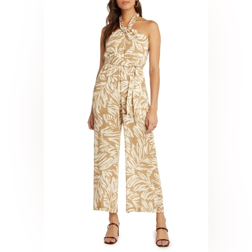 Anthropologie Willow Monaco Khaki/White Botanical Halter Jumpsuit